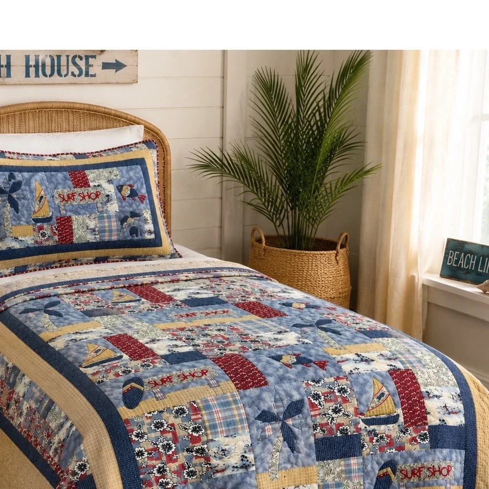 Surf Shop Coastal Patchwork Quilt Twin With‎ Matching Sham